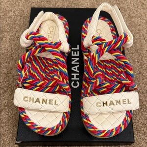 CHANEL Multicolor Rope Quilted Sandals Gold Logo Size 37 EU Excellent Condition